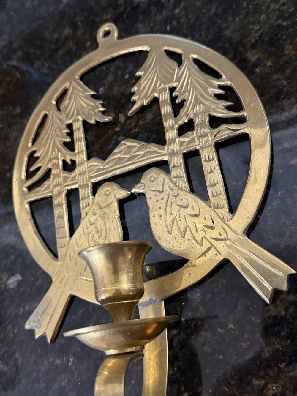 Vintage Solid Brass Birds & Pines Wall Candle Sconce – Made in India
